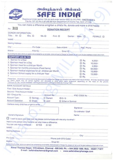 SAFE INDIA give 80 G (5) (VI) Receipt to respected Donations