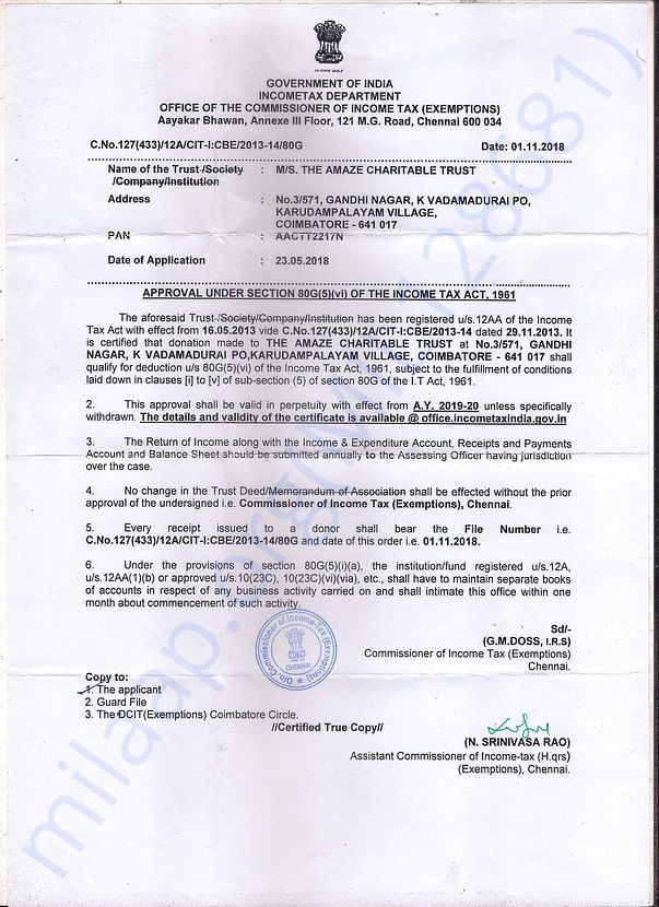 80G Income Tex Exemption Certificate from Amaze Charitable Trust