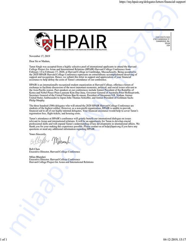 Financial support recommendation from HPAIR