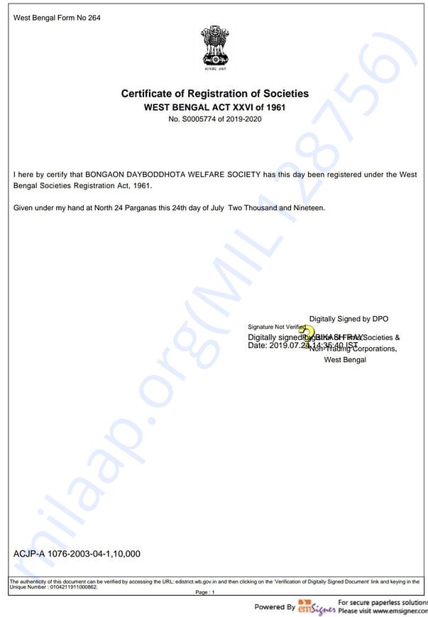 Registration Certificate of Bongaon Dayboddhota Welfare Society