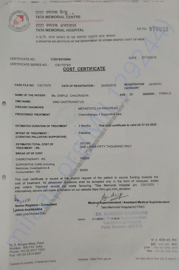 Chemotherapy cost certificate