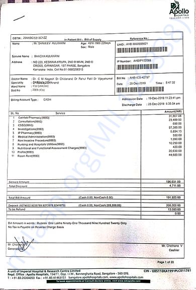 Apollo Hospital Bill (before shifting to Narayana Hrudayalaya)