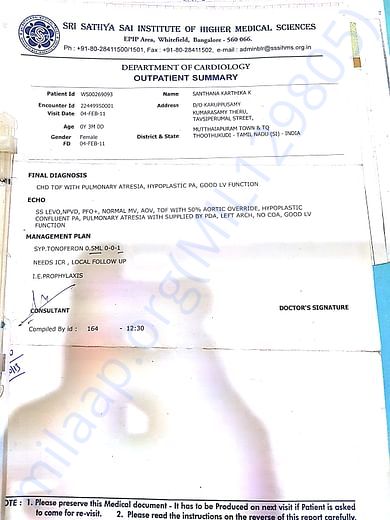 Sri Sathya Sai Institute of Higher medical science report dated 1.2.11