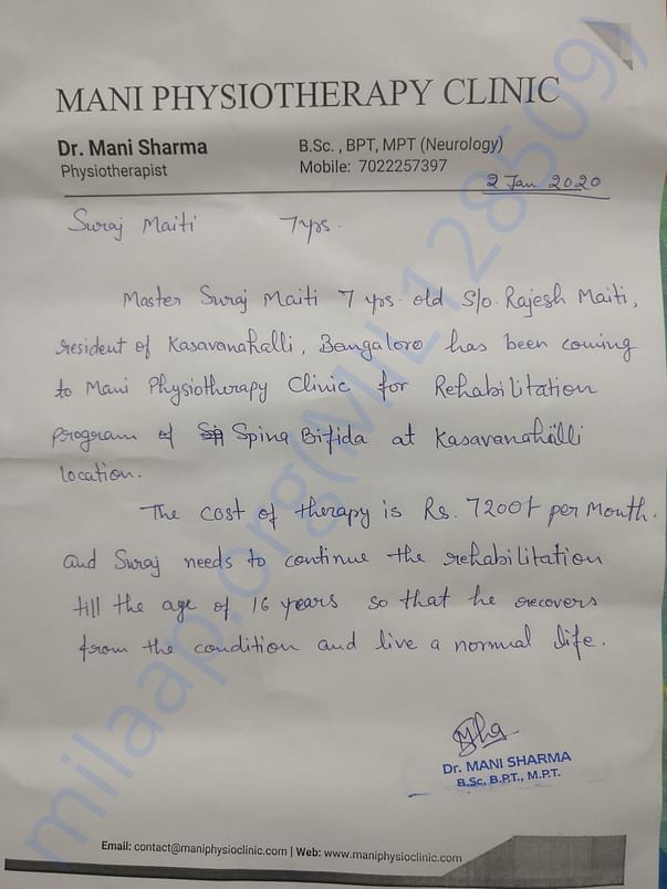 Physiotherapy Cost - Required until Suraj is 16 years old