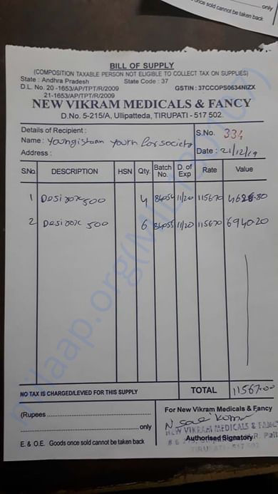 Bills for kids medicine in month of December