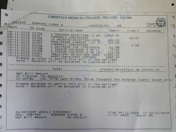 Bill for Chemotherapy