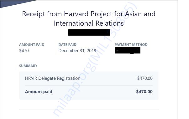 Fee Payment details for admission to Harvard HPAIR
