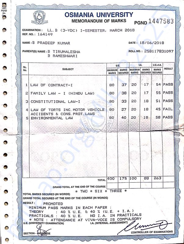Documents of LLB memo & I'd cards of my college