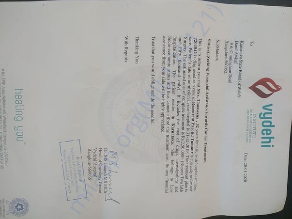 Document from Hospital for overall treatment cost