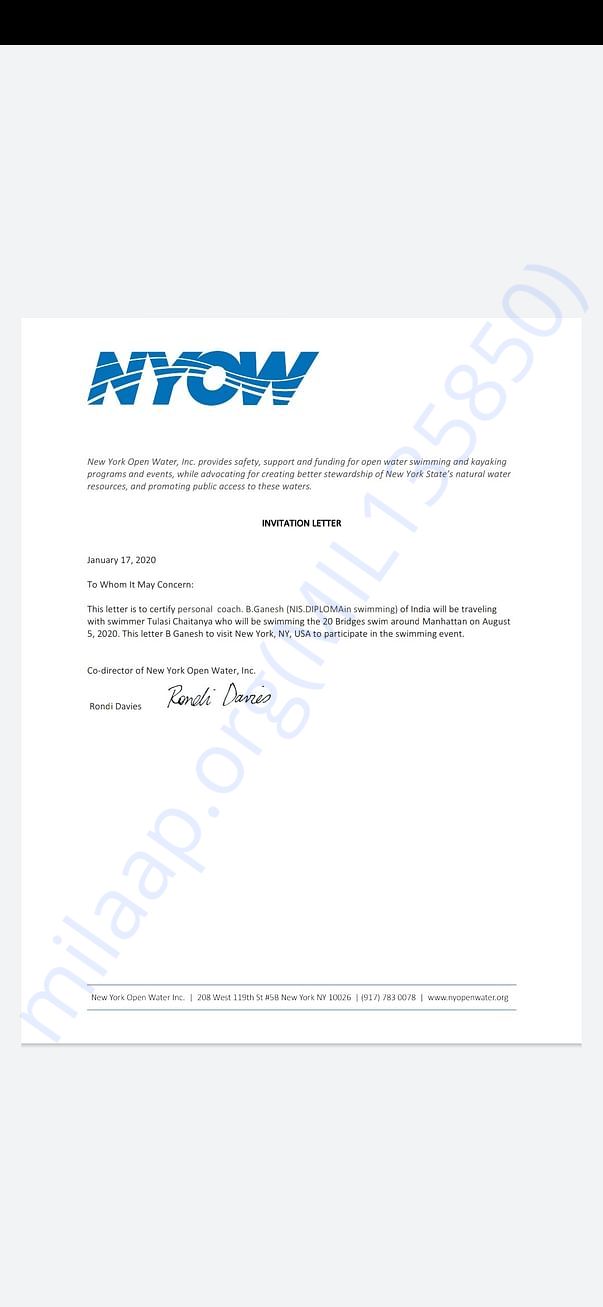 Invitation letter for 2o bridges New York open water