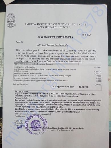 Cost estimate from treating hospital
