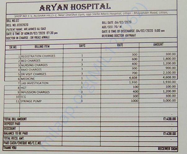 General Hospital bill as on 03/02/2020