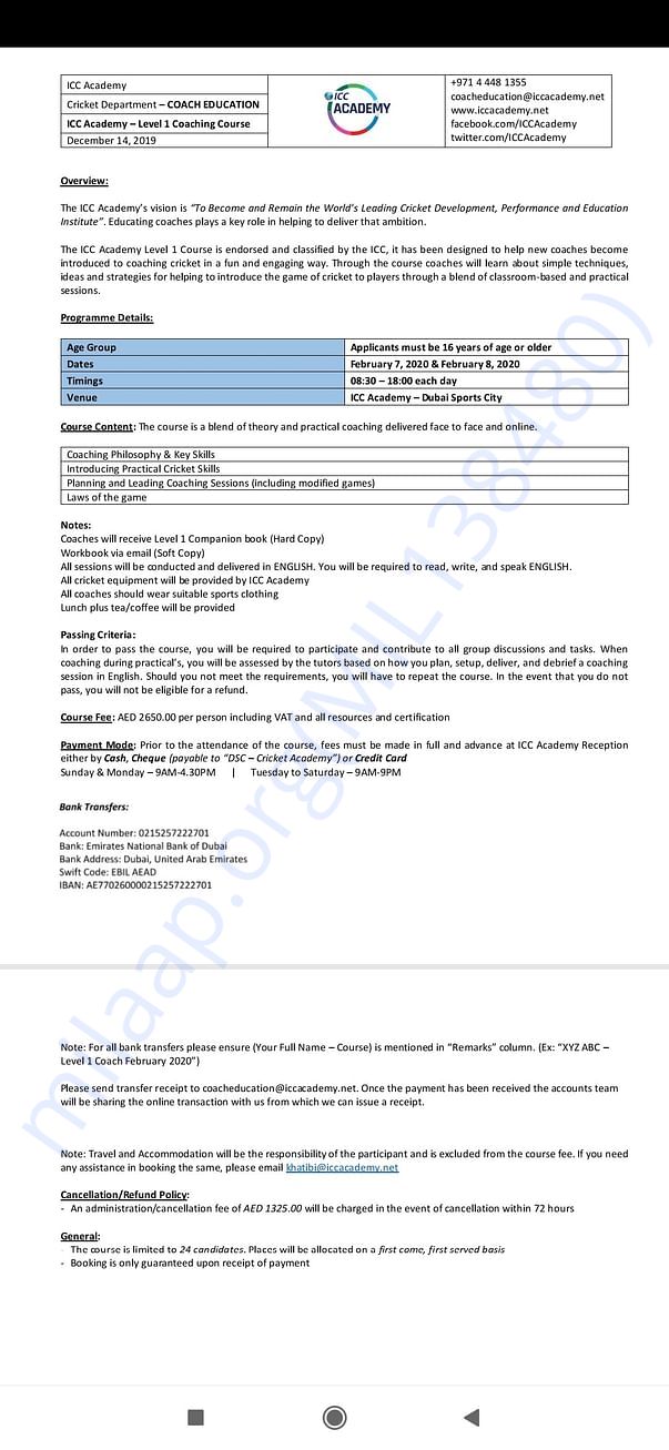 ICC Dubai Cricket Coaching Course level 1