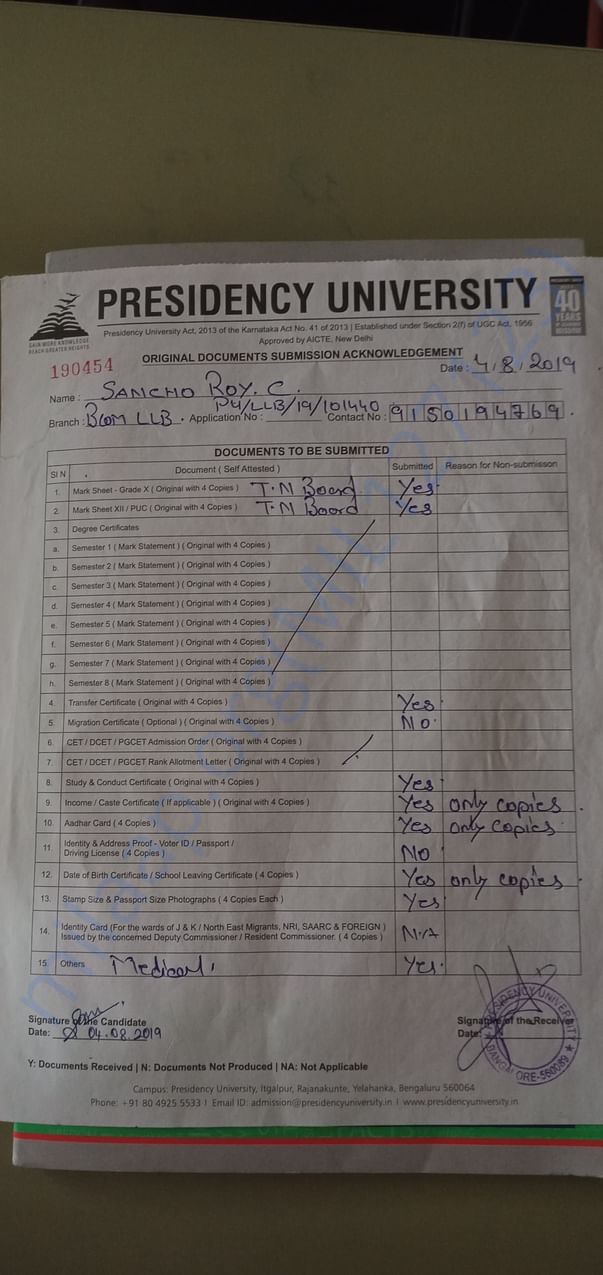 Admission letter provided by the University (original)