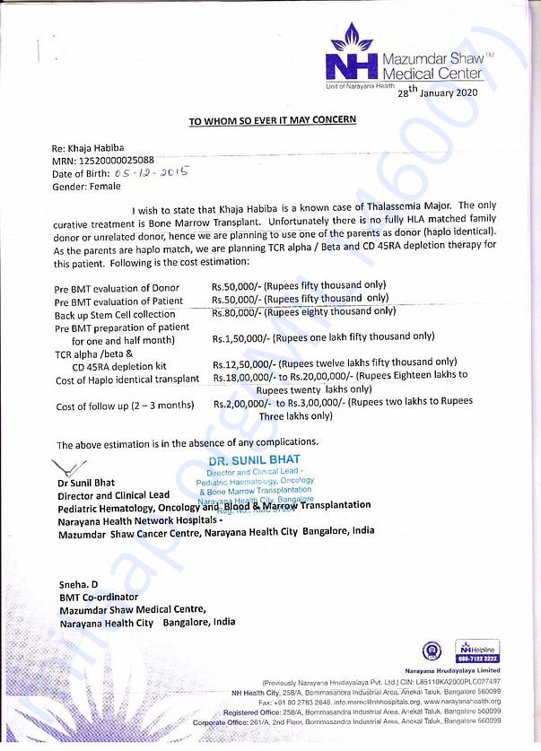 This is estimation letter of hospital total cost of transplant 35 lakh
