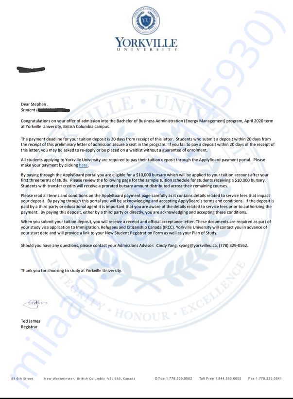 Official letter from University