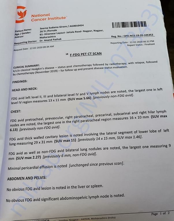Recent PET SCAN report