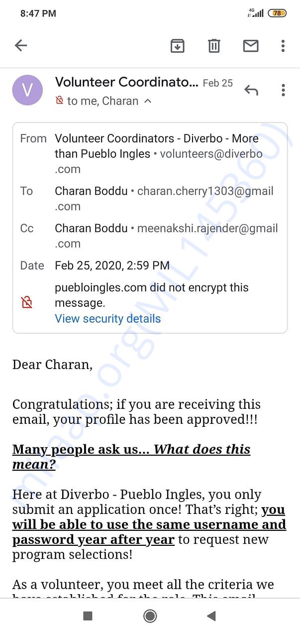 Selection email letter from the organization.