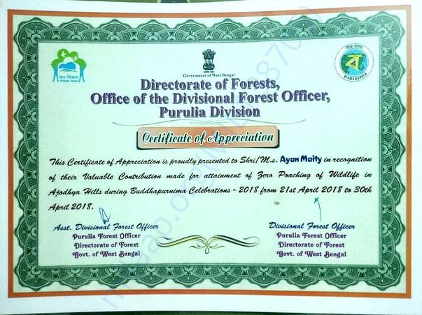 Certificate from west bengal forest department for social work