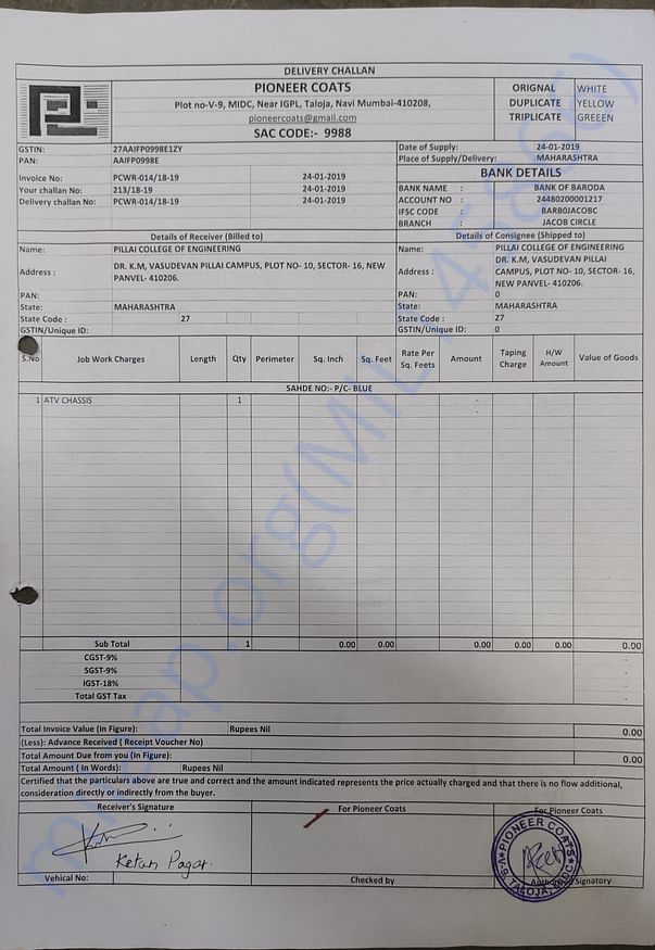 Chassis material bought from Pioneer Coats