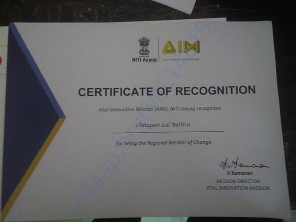Awarded as Regional Mentor of Change by AIM, NITI Aayog
