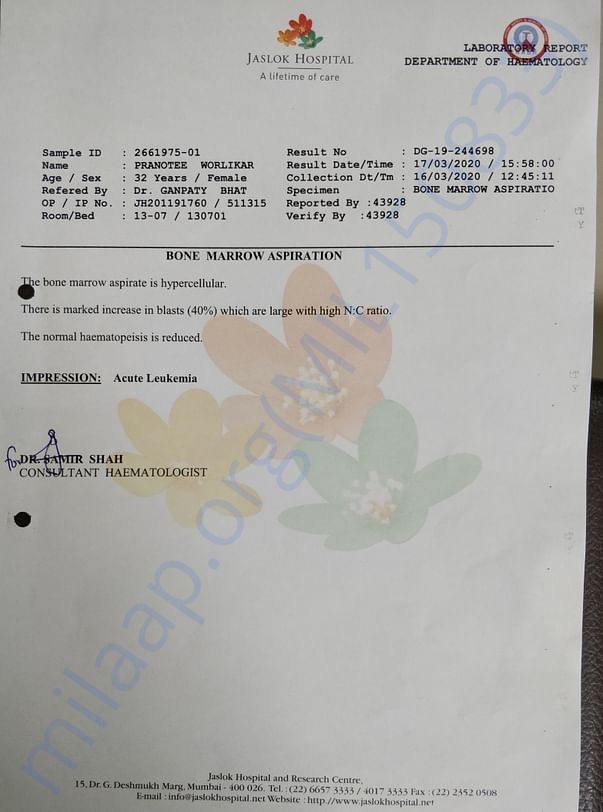 Bone marrow aspiration report