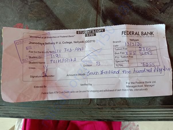 4th Std Fee structure of Laxmi's Daughter Niharika.