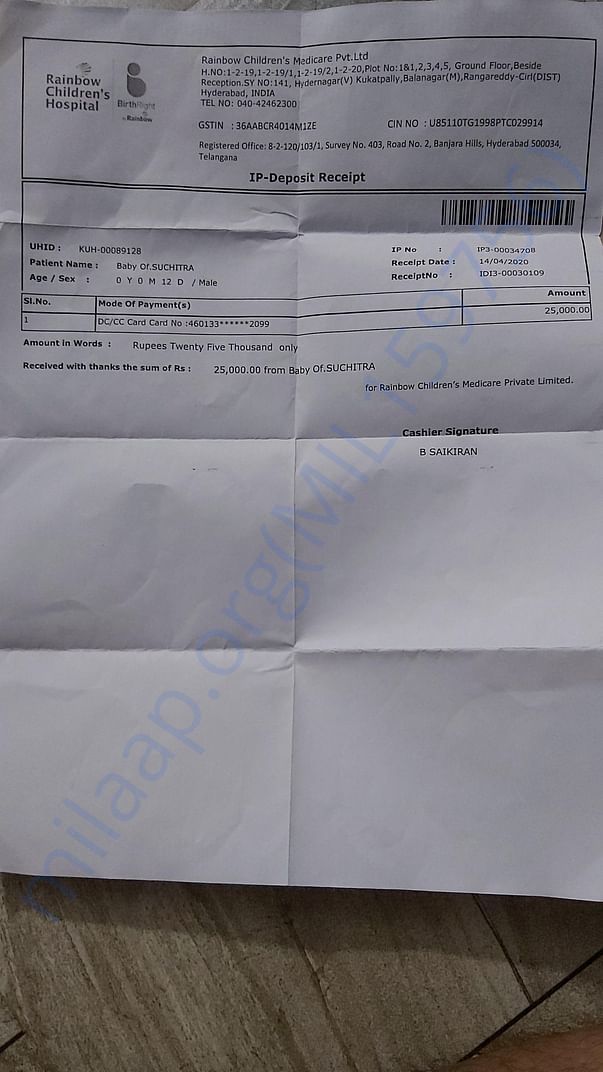 Deposit at rainbow hospital