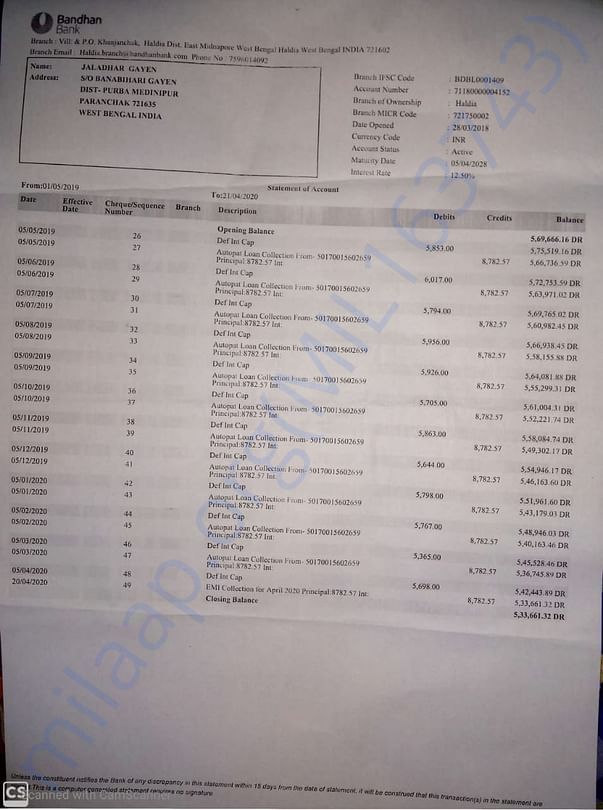 Property Mortgage With Bandhan Bank Statement Of Account