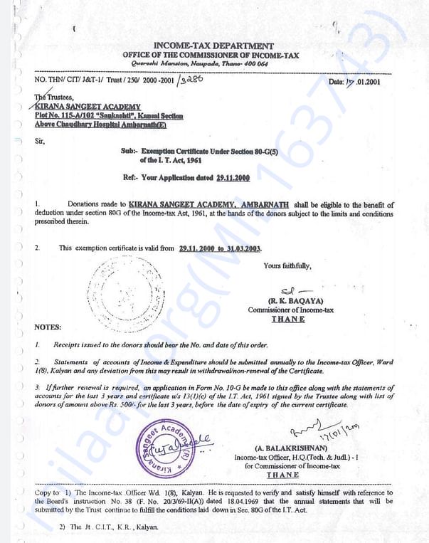 KIRANA SANGEET ACADEMY - 80 G TAX EXEMPTION CERTIFICATE