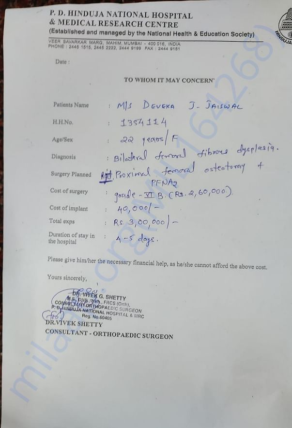 MEDICAL SUPPORT FOR POOR GIRL FOR ORTHOPEDIC SURGERY