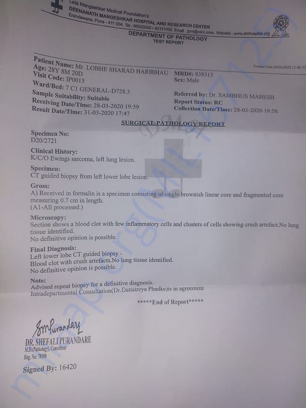 Report indicating possible metastasis.