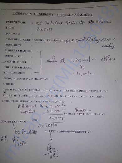 Estimation for left leg Surgery and billed amount by Yashoda Hospital