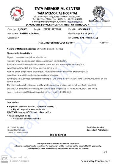Diagnosed cancer report from tata momorial.