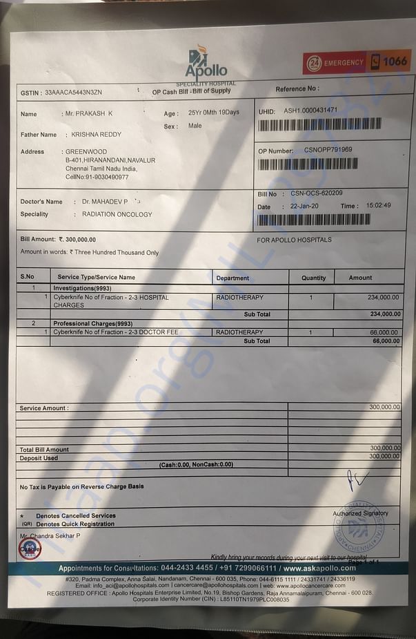 Hospital bill for Cyber Knife treatment