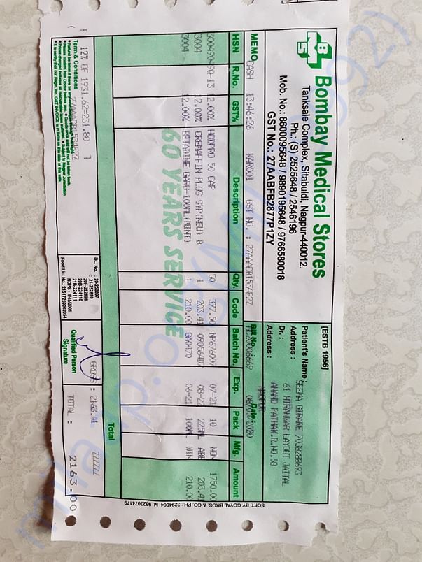 Medicine bill of 8/5/2020