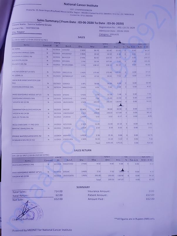 Medicine bill of 3/6/2020