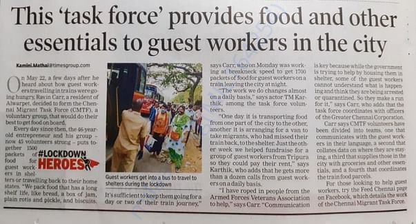 Times of India, 16 June - Report about the "Chennai Migrant Taskforce"