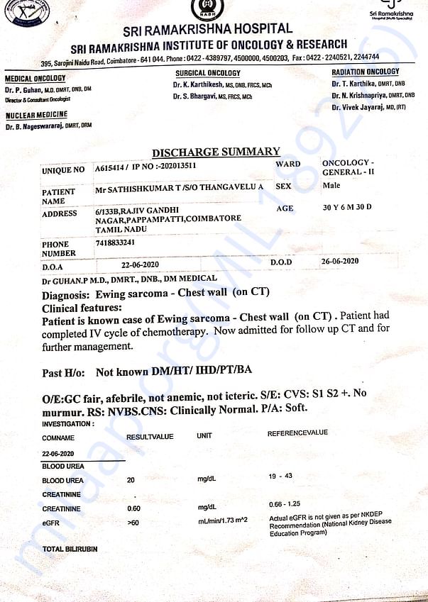 Discharge summary of fourth cycle of Chemotherapy.