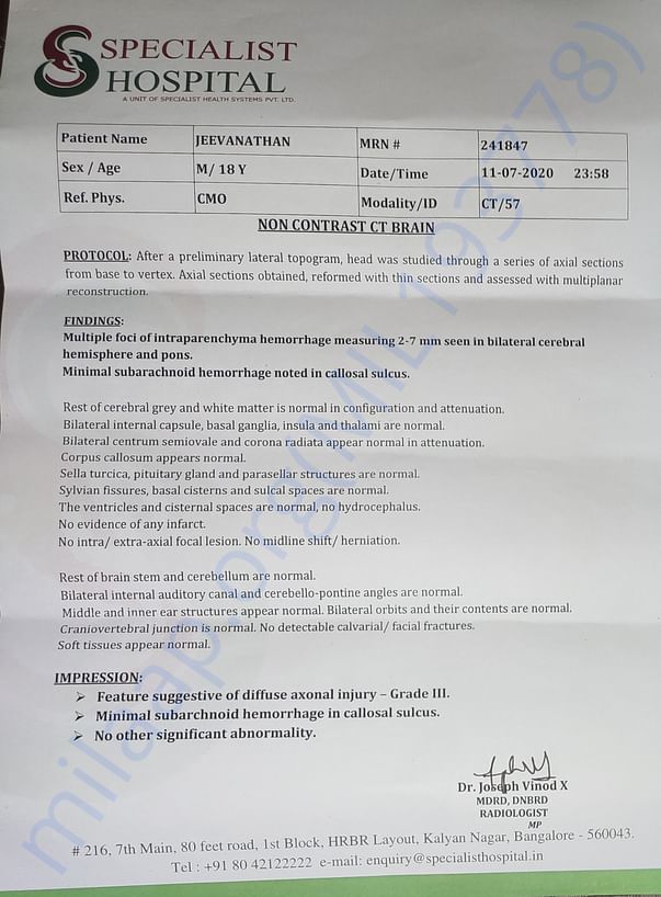 CT scan report as on 11th July 2020 @ Specialist Hospital