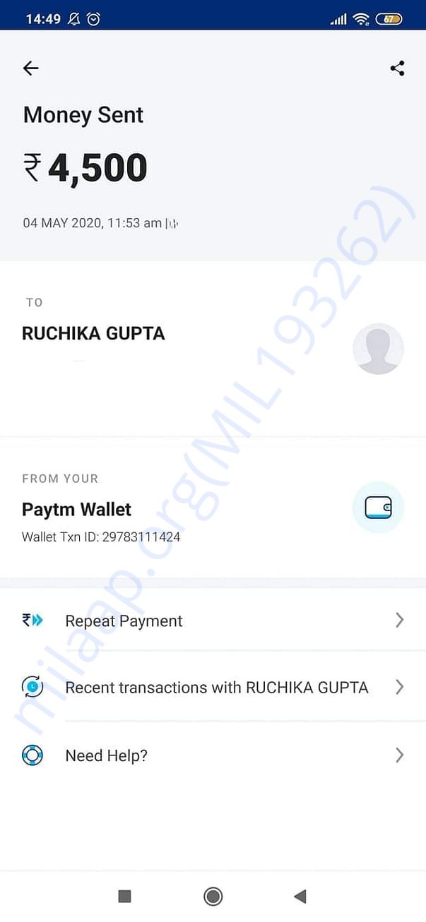 Payment done to Nishabd Shelter for Kali