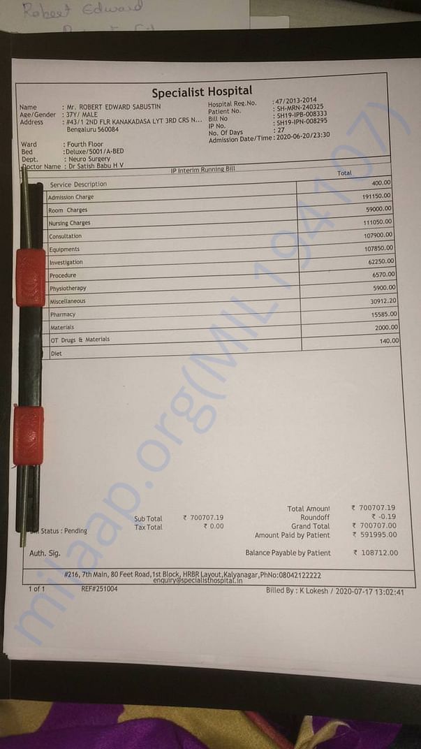 Roberts Latest Hospital Bill