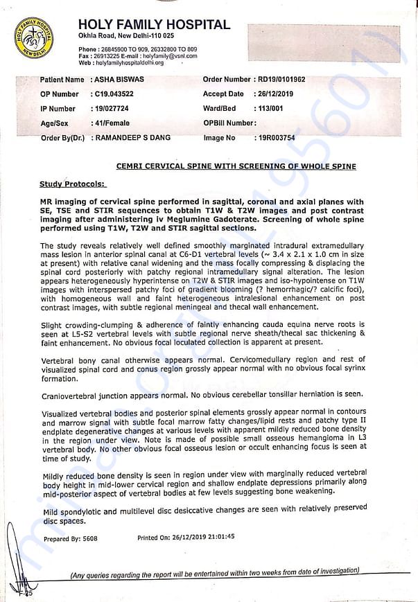 MRI report of hospital