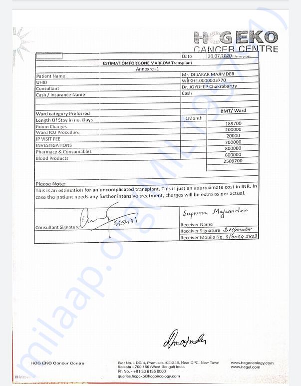 Thik is cost estimate of bone marrow transplant. Please 🙏donate me.