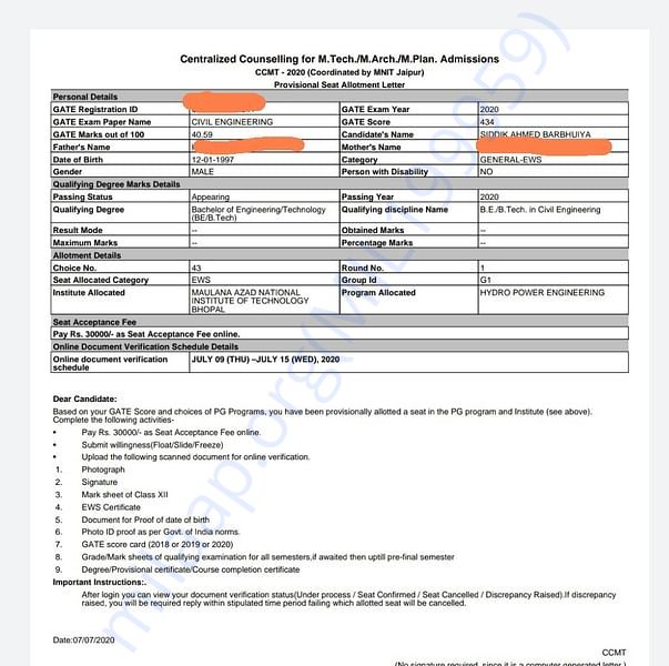 Admission letter