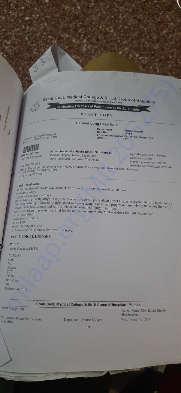 Note from J.J Hospital about the condition