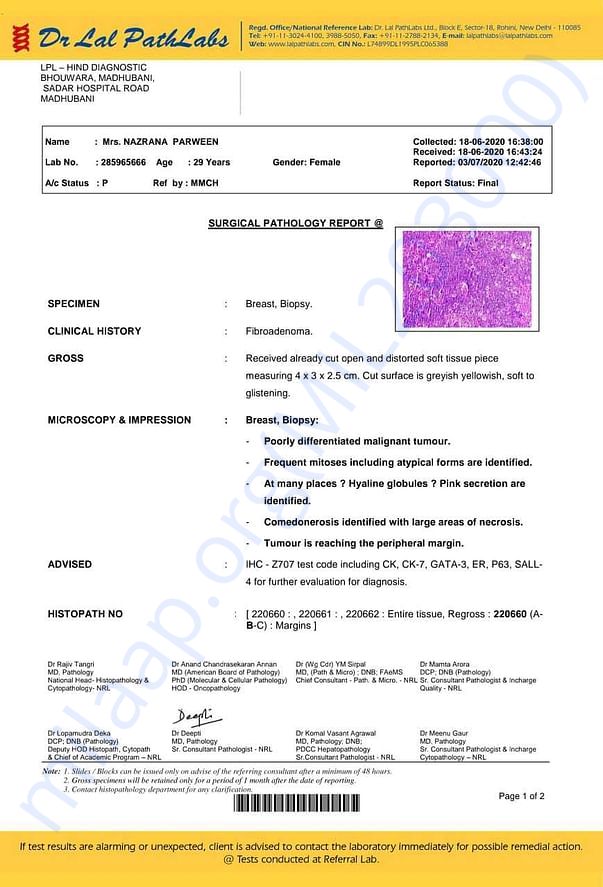 Report Of Fibroadenoma diagnosis