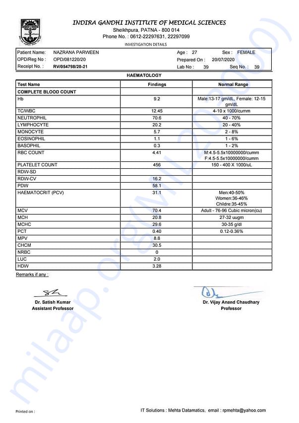 Final result from Indra Gandhi Institute Medical Science