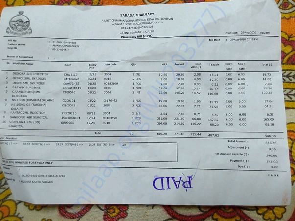 Medicine bill after Chemotherapy