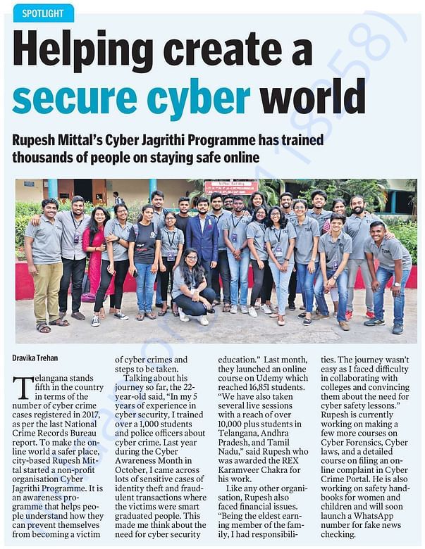 News Article in Telangana Today about Cyber Jagrithi